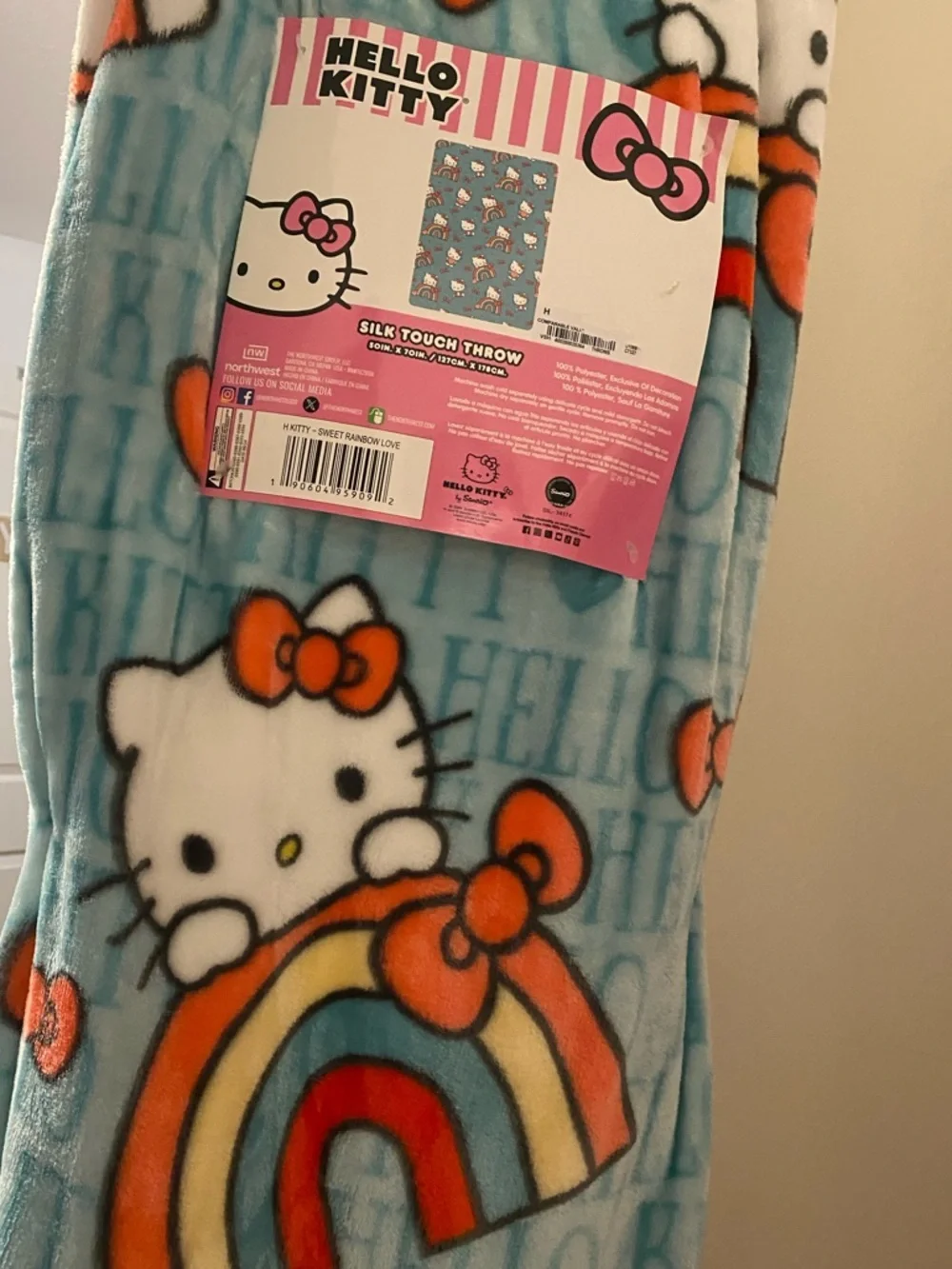 Hello Kitty Aqua Pink White Rainbow Print Throw